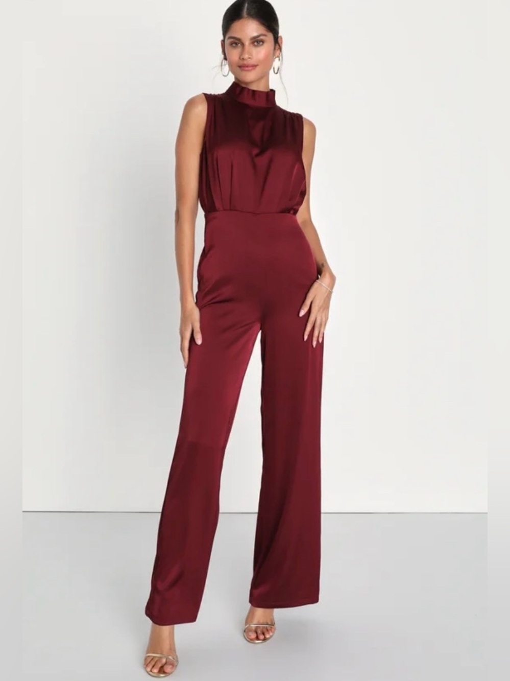 NWT Classic Elegance Wine Red Satin Sleeveless Mock Neck Jumpsuit Size M